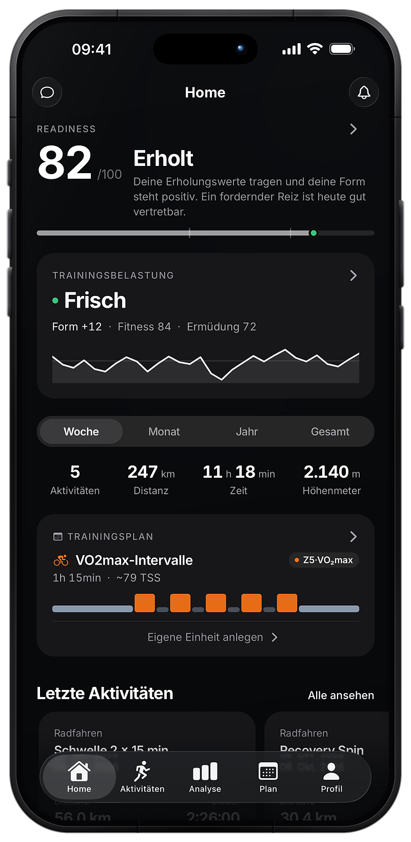 Die trace App auf dem iPhone: Home mit Readiness, Trainingsbelastung und der Einheit des Tages
