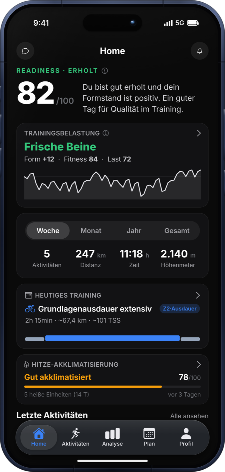 Die trace App auf dem iPhone: Home mit Readiness, Trainingsbelastung und VO₂max